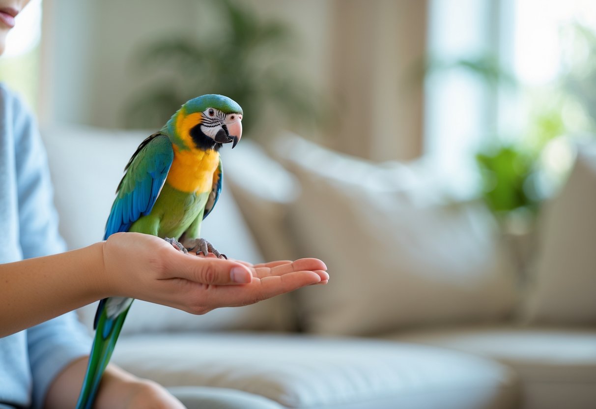 A person gently interacting with a calm parrot perched on their hand inside a softly lit room.