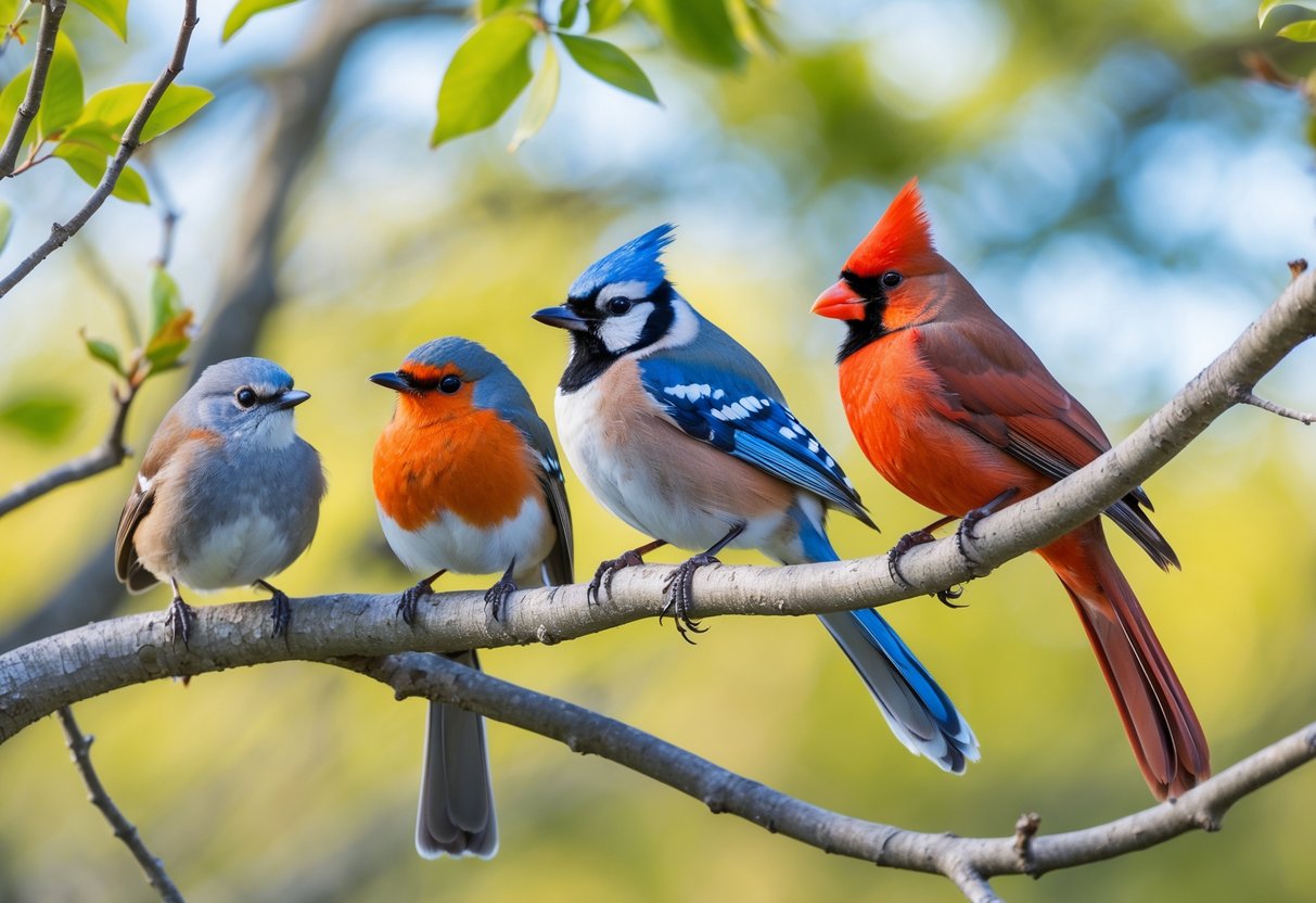 Several different birds perched on tree branches in a green outdoor setting.