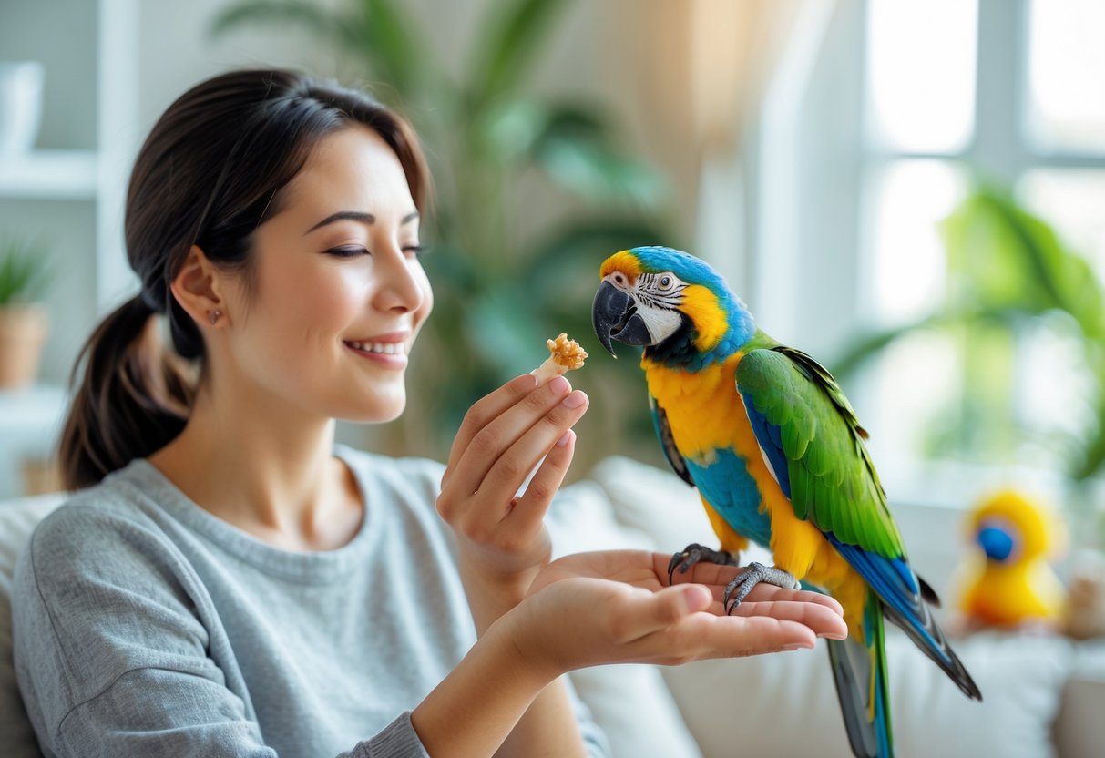 A person calmly offering a treat to a colorful parrot perched on their hand in a bright living room.