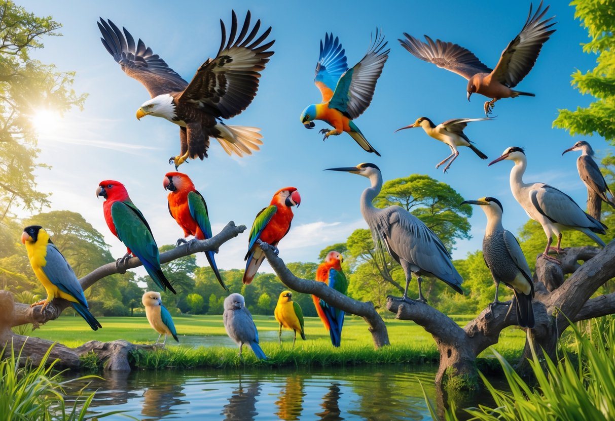 A variety of birds including an eagle, parrots, a heron, and a songbird in a natural outdoor setting with trees and a pond.