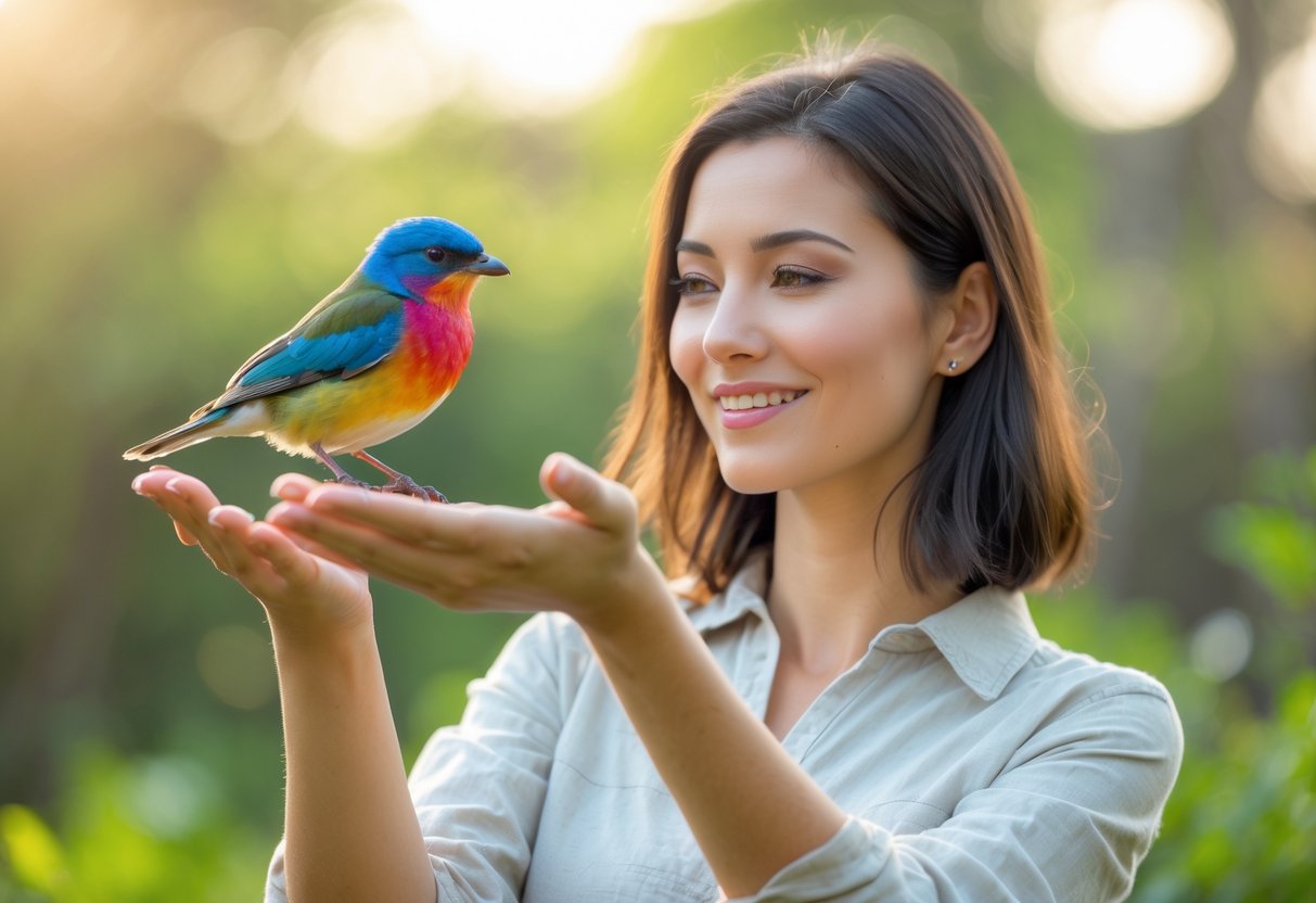 A young woman outdoors gently holding a small colorful bird on her hand, smiling and looking at it.