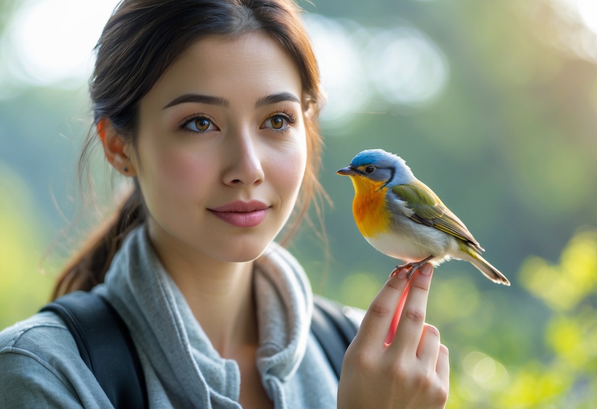 A young woman gently holding a small colorful bird on her finger outdoors with a blurred green background.