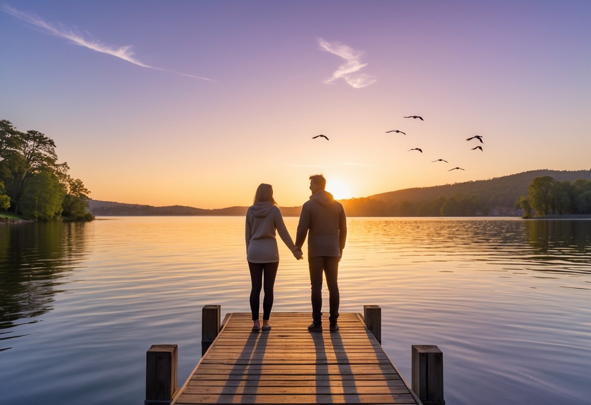 Two people holding hands on a wooden dock by a calm lake at sunset with birds flying in the sky.