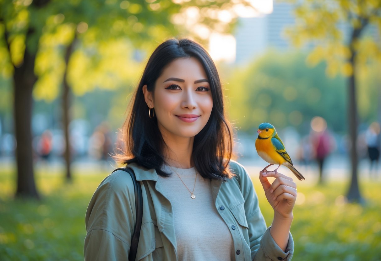 A young woman standing in a park holding a small bird perched on her finger.
