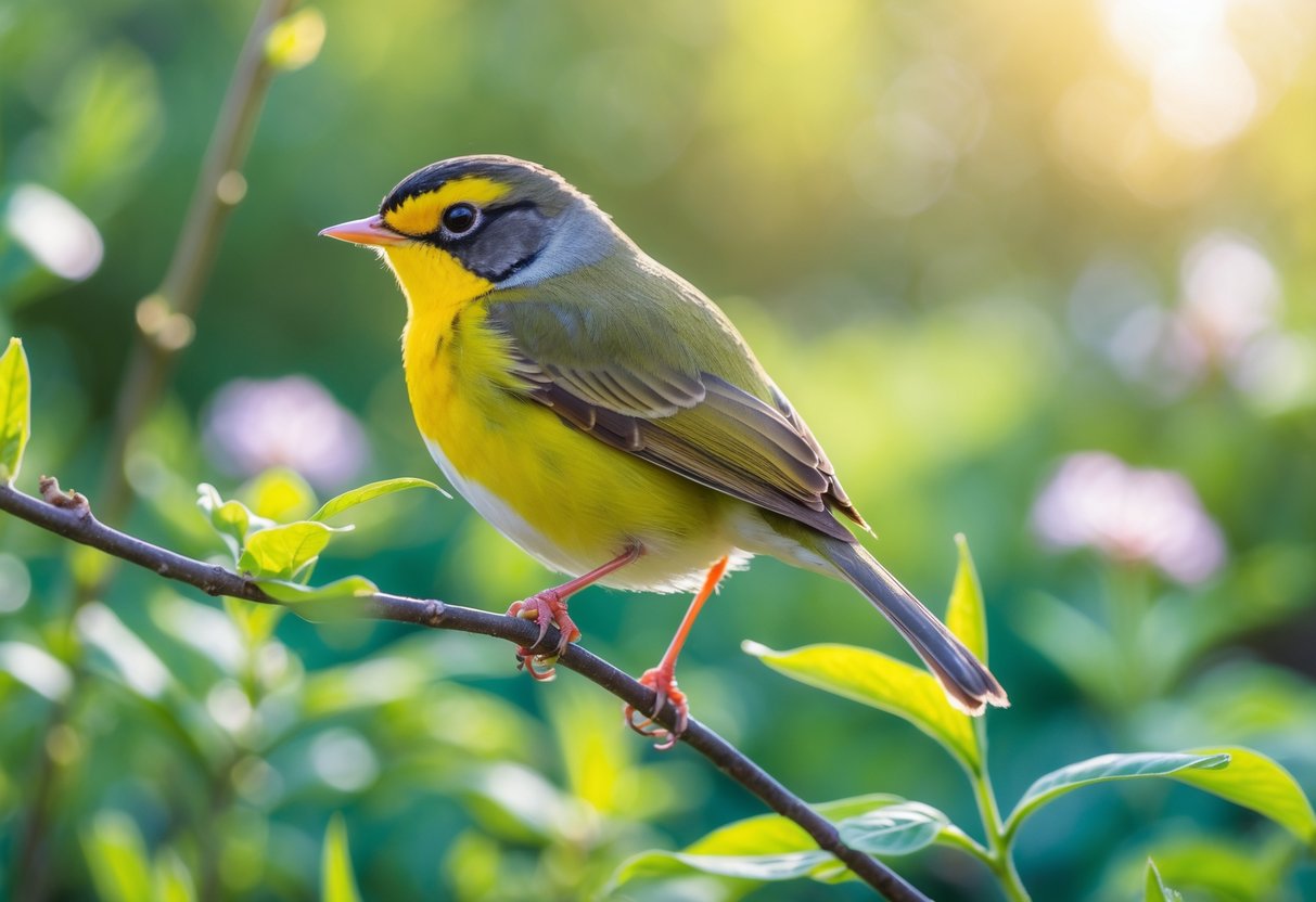 A small colorful garden bird perched on a branch surrounded by green leaves and flowers.