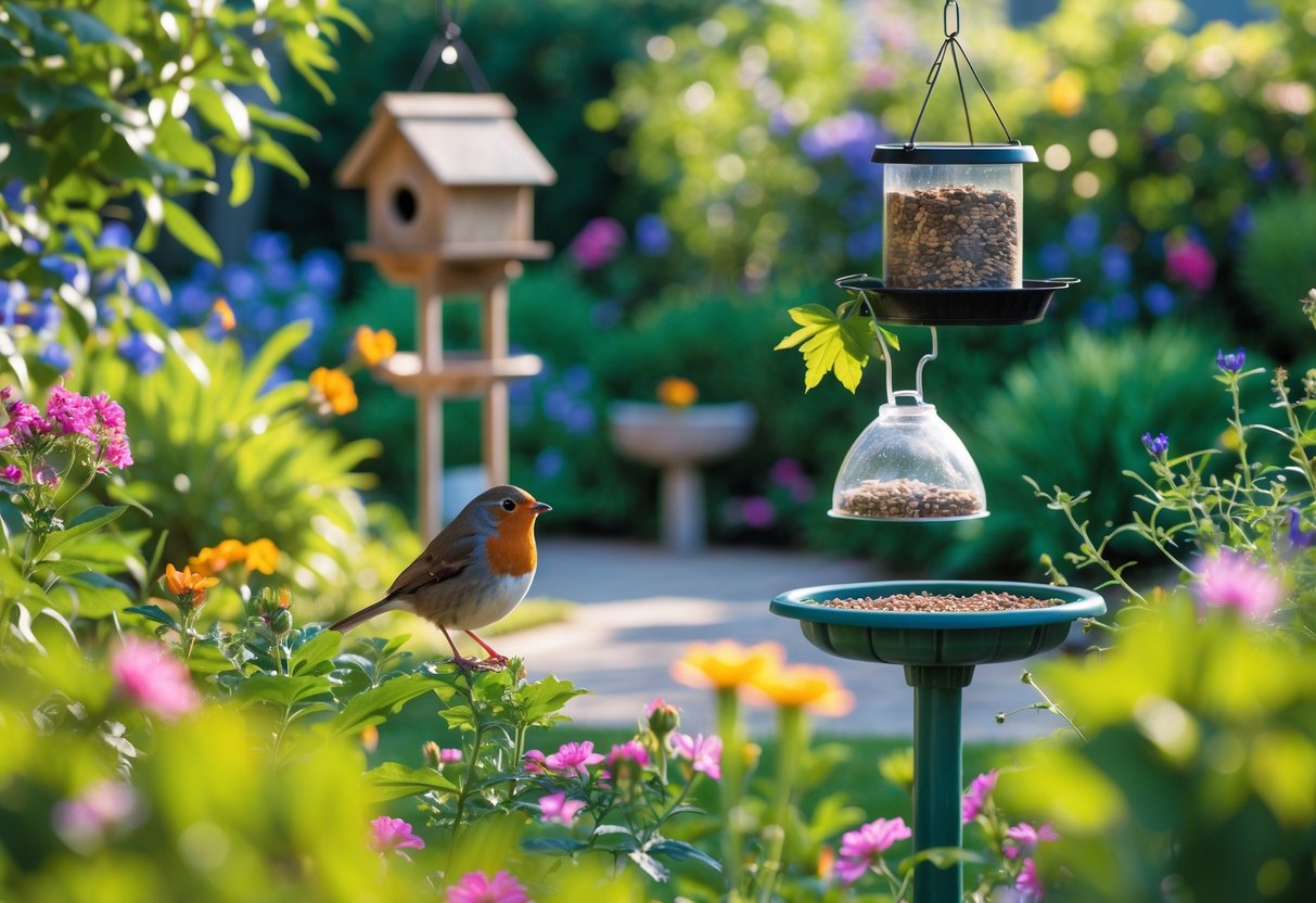 A colorful garden with flowers, shrubs, a bird feeder, and a small bird perched nearby.