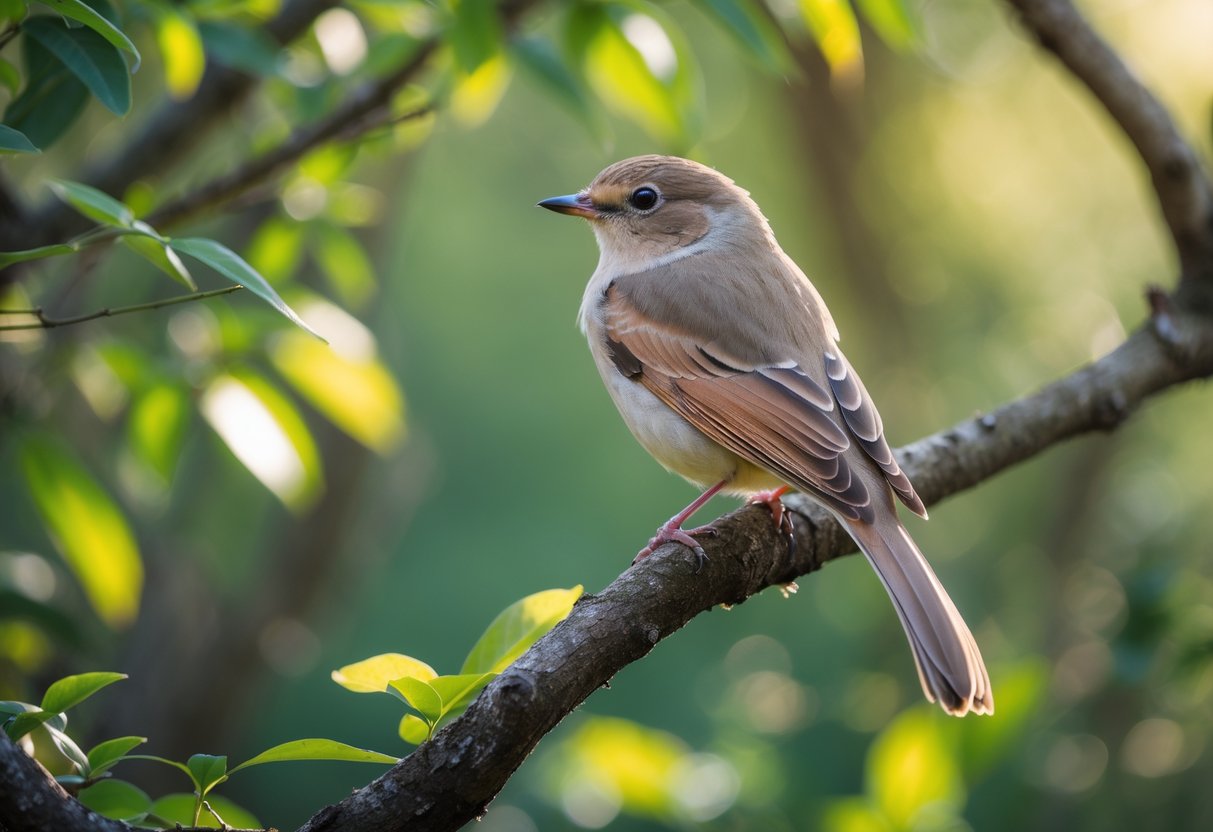 A female bird perched on a tree branch surrounded by green leaves in a forest.
