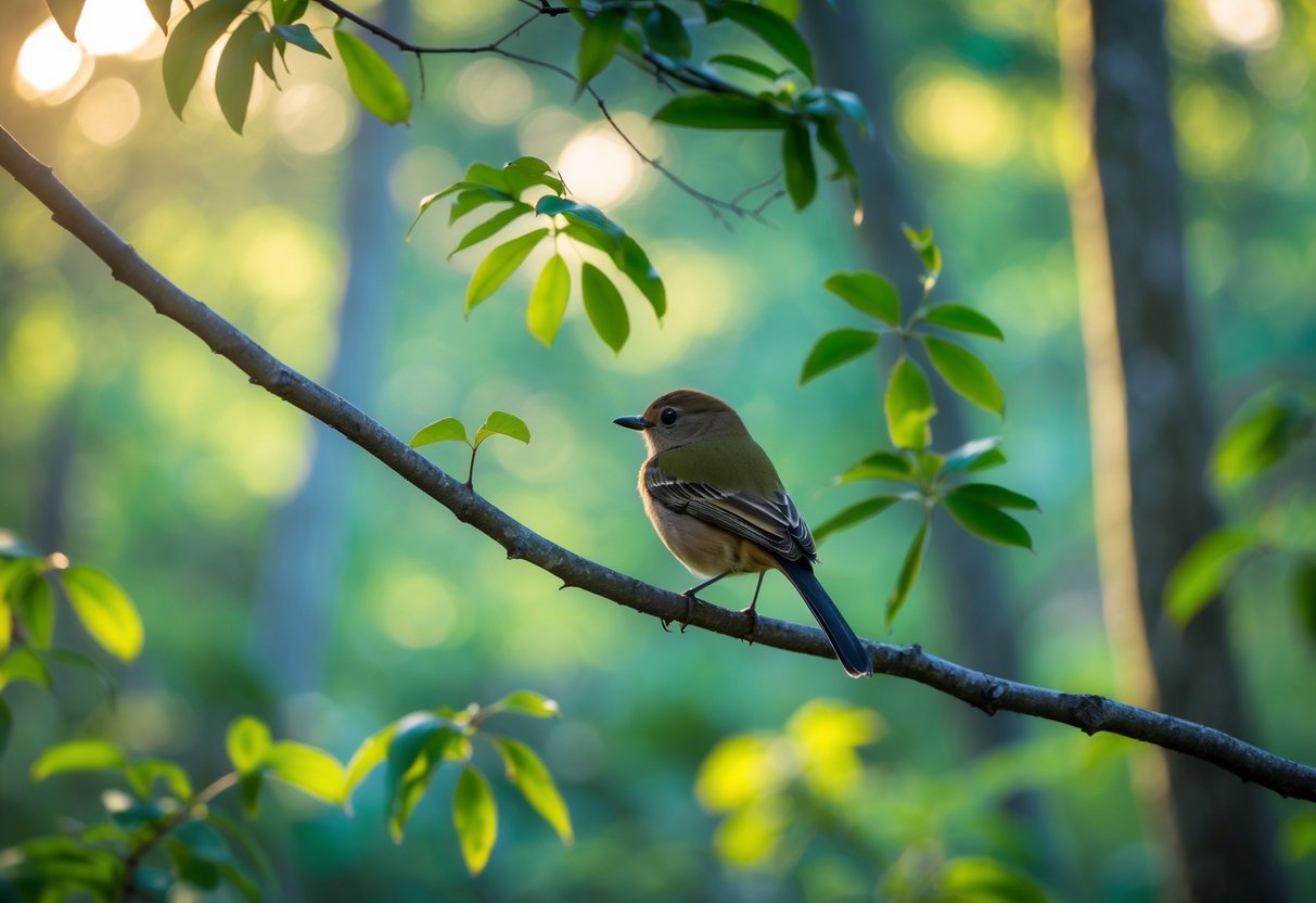 A small catbird perched on a tree branch surrounded by green leaves in a forest.