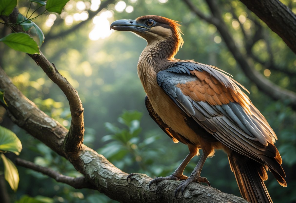 A prehistoric bird perched on a tree branch in a dense forest with sunlight filtering through the leaves.