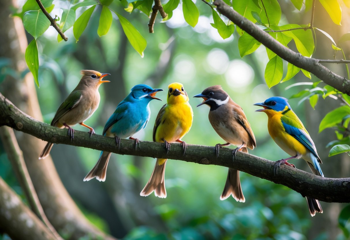 Several colorful birds perched on tree branches in a green forest, appearing to chirp and interact with each other.
