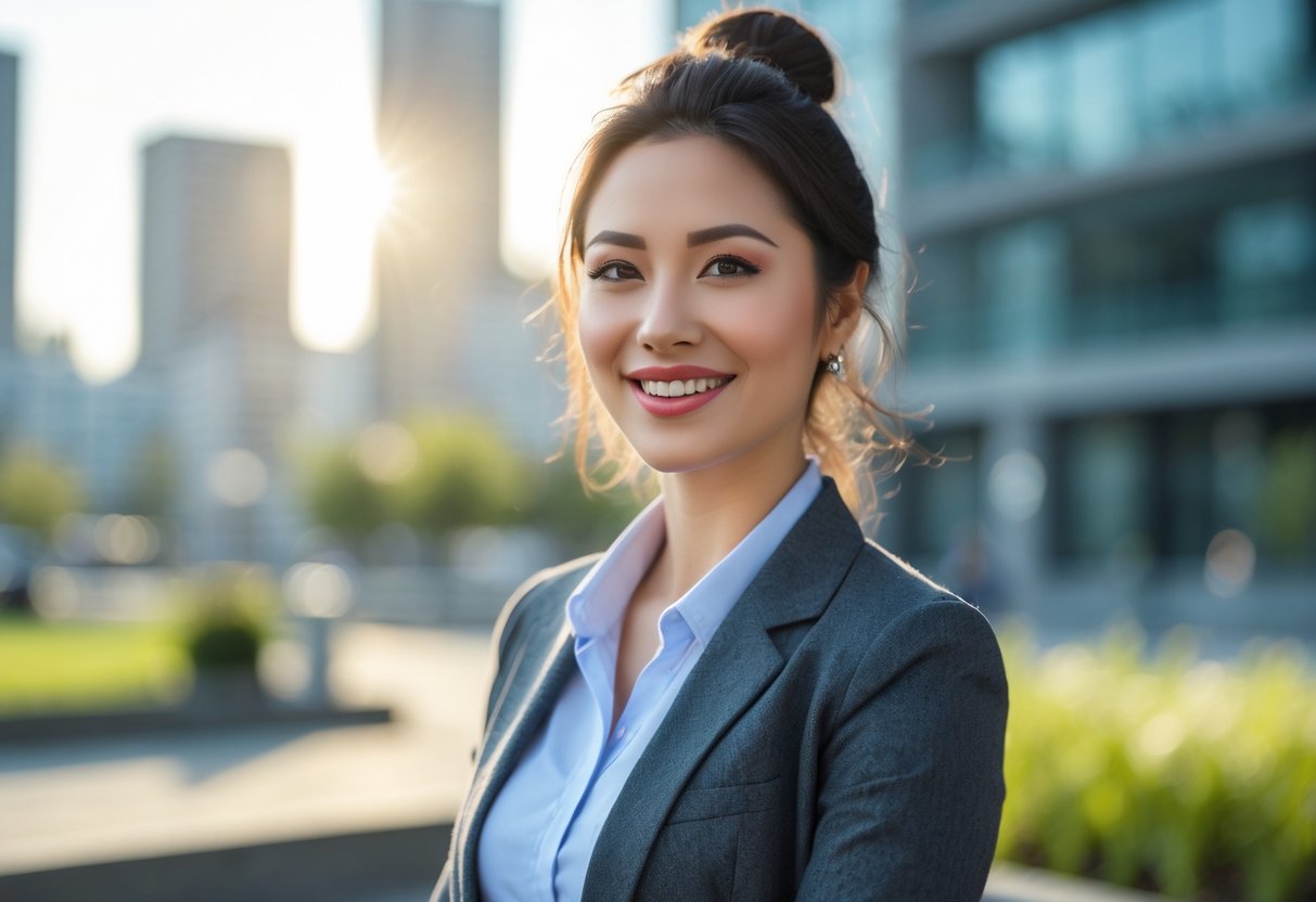 A smiling young woman standing outdoors in a city with buildings and greenery in the background.