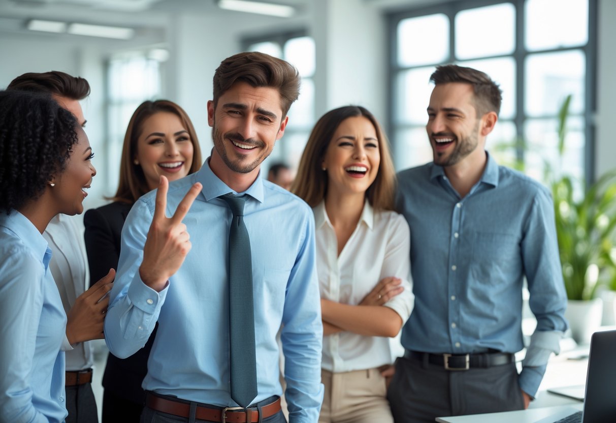 A group of office colleagues smiling and laughing as one person playfully makes a subtle hand gesture in a bright modern workspace.