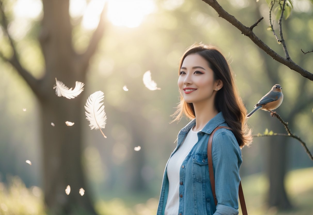 A young woman standing outdoors with soft sunlight and bird feathers floating around her.