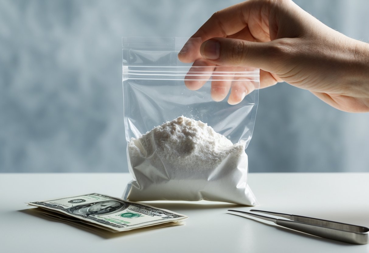 A hand holding a small plastic bag with white powder, next to a folded dollar bill and tweezers on a flat surface.