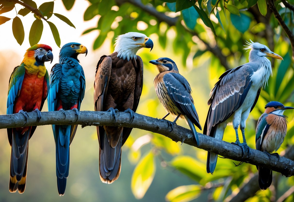 Various bird species perched on tree branches in a green forest with sunlight filtering through the leaves.