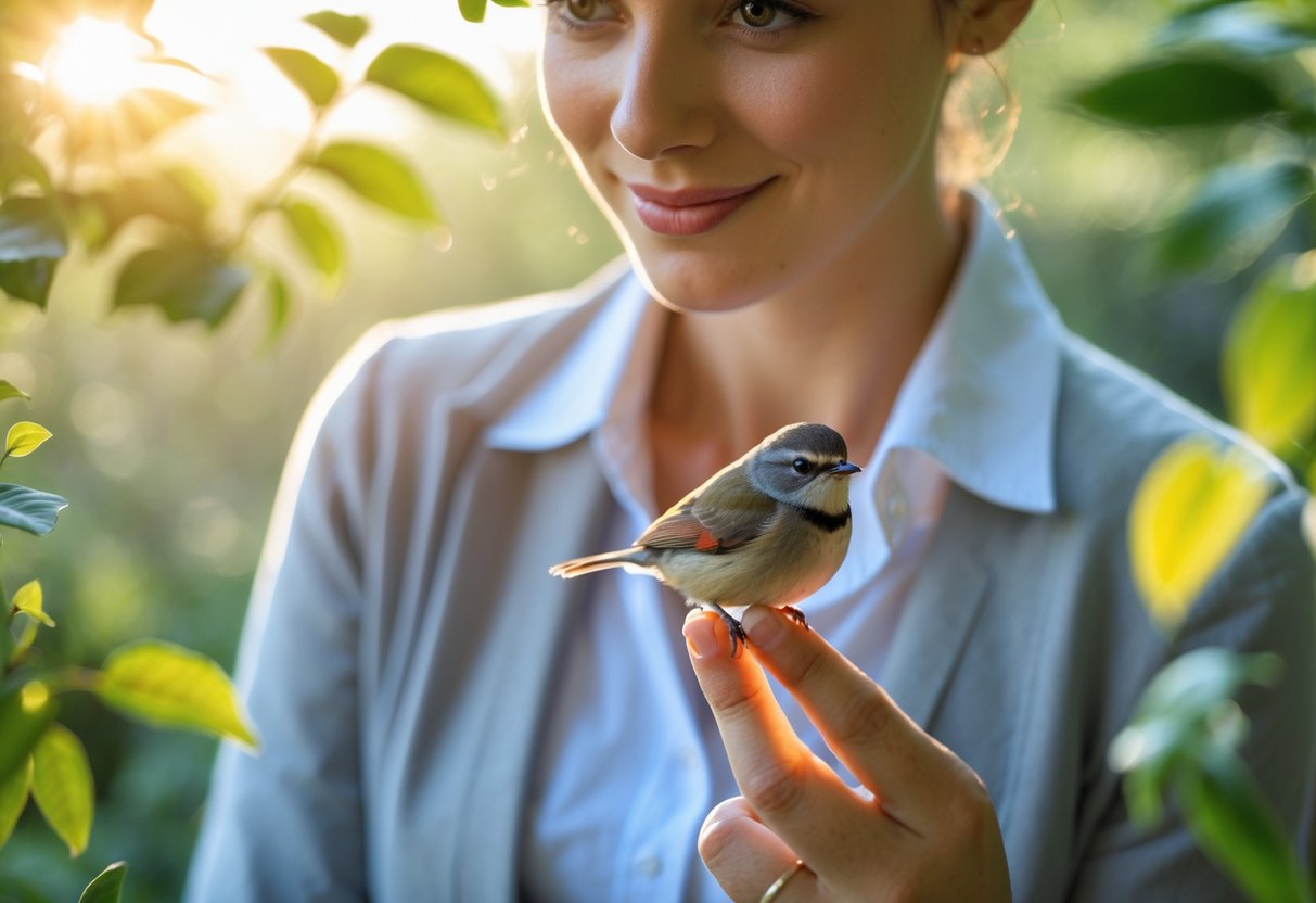 A person gently holding a small bird on their finger outdoors with greenery in the background.