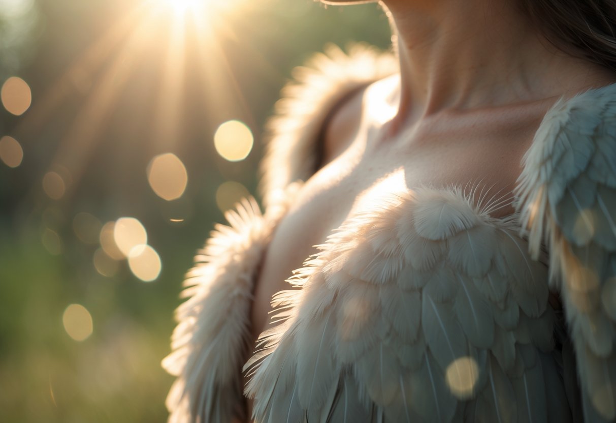 Close-up of a bird's chest with soft feathers, surrounded by gentle sunlight and blurred natural background.