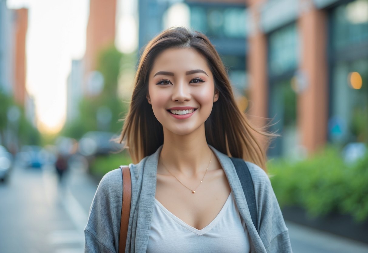 A young woman walking confidently on a city street with buildings and trees in the background.