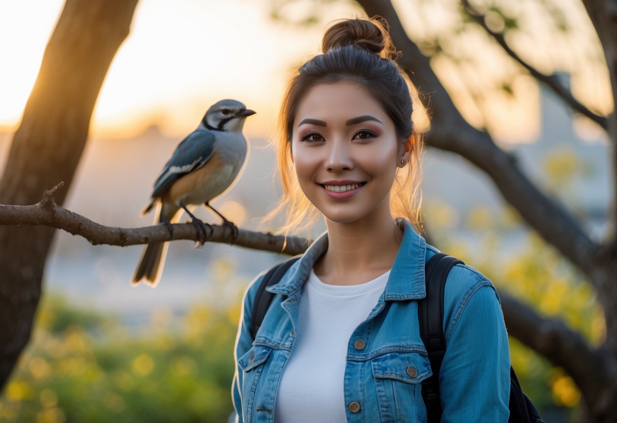 A young woman smiling outdoors with a bird perched on a nearby tree branch in an urban setting.