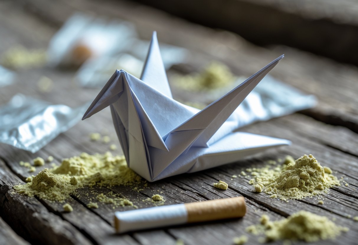 Close-up of a small origami paper bird on a wooden surface surrounded by small baggies and a rolled cigarette.