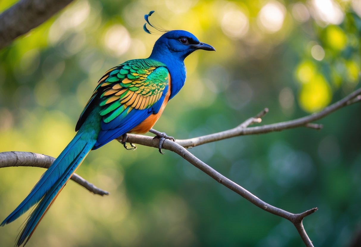 A colorful bird with vibrant blue, green, and gold feathers perched on a tree branch against a blurred green background.
