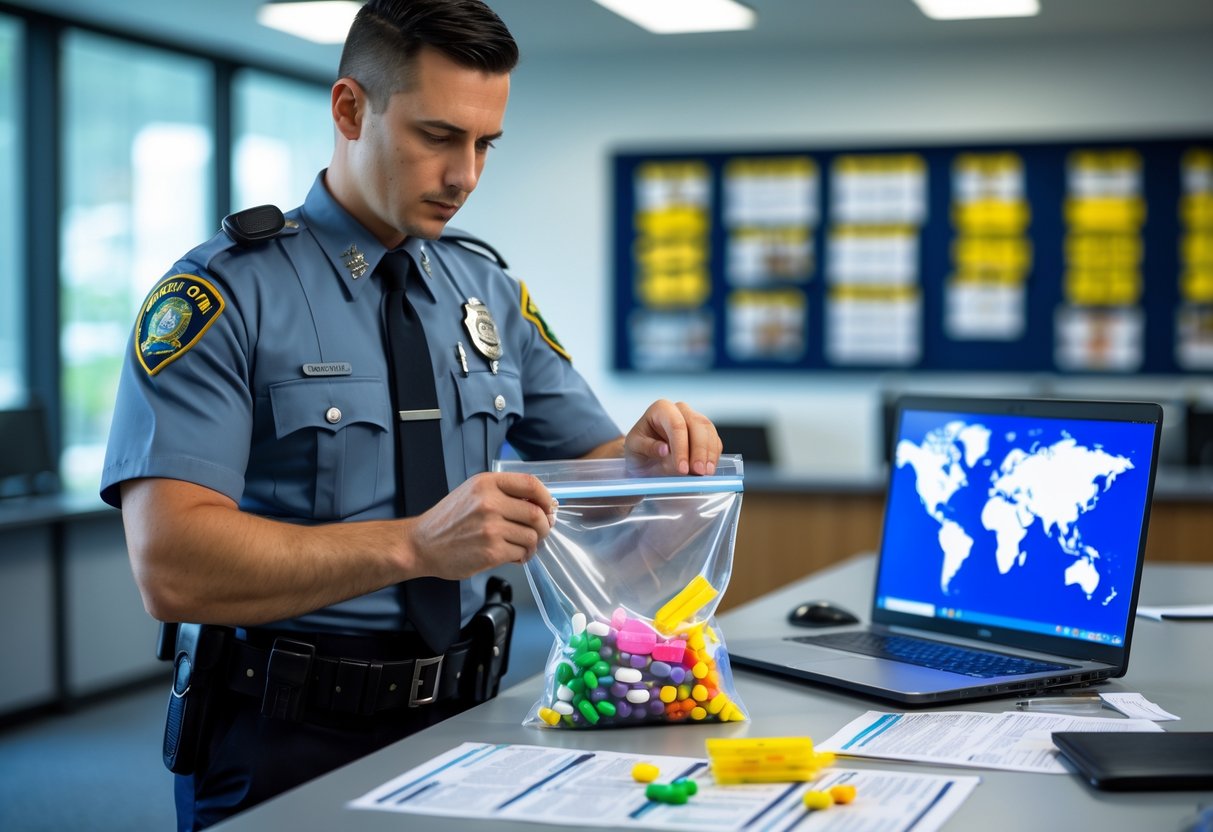 A law enforcement officer in uniform examines evidence bags with pills in a police station office.