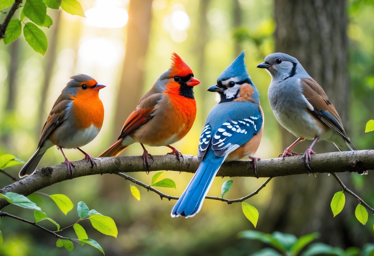 A group of common favorite birds in the United States perched on tree branches in a sunlit forest.