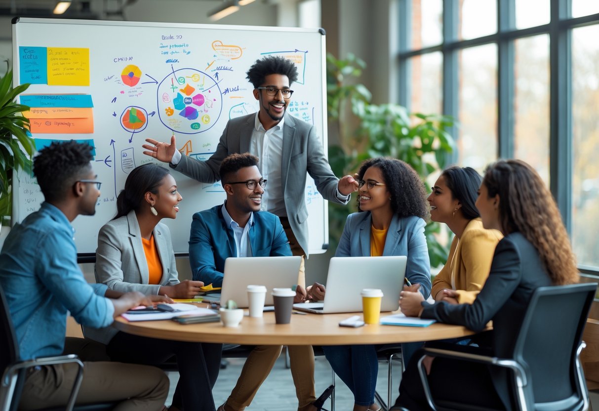 A group of young adults in an office having a lively brainstorming session around a table with laptops and notebooks.
