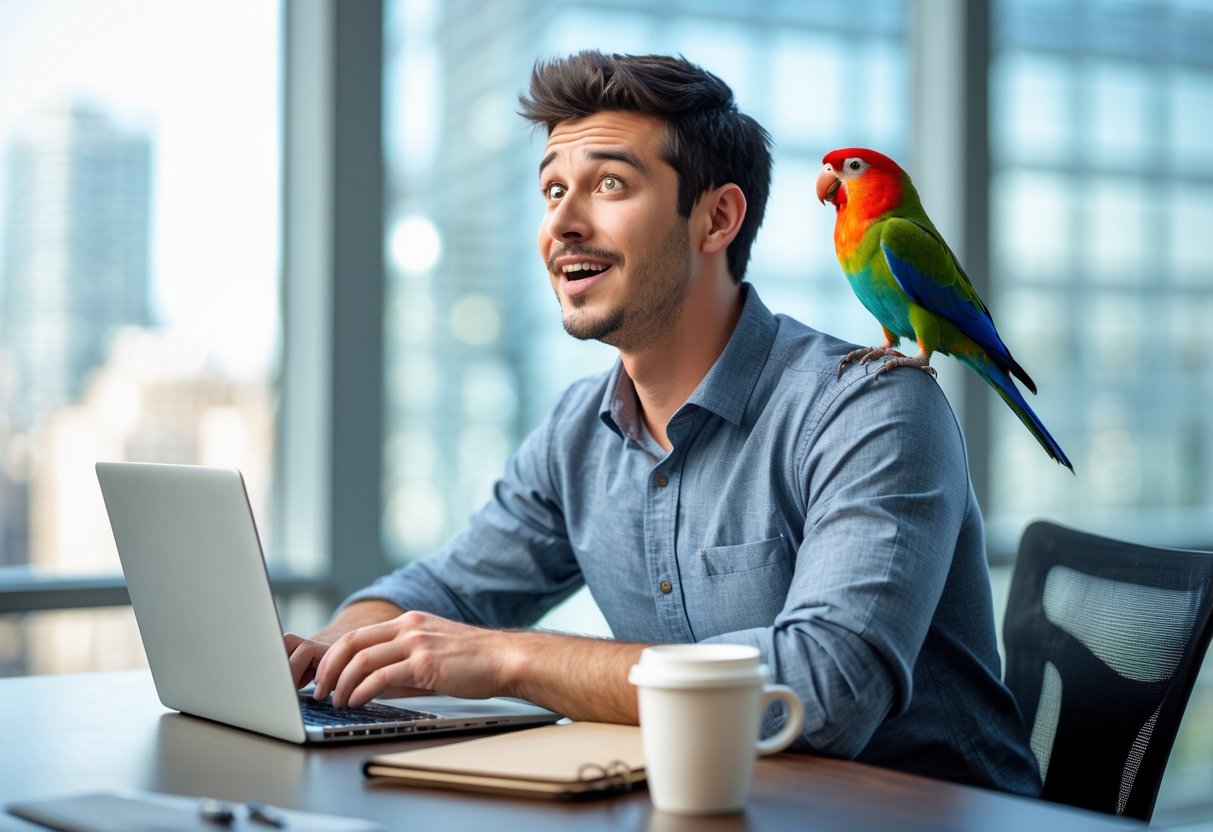 A young man sitting at an office desk with a small colorful bird perched on his shoulder, looking surprised.