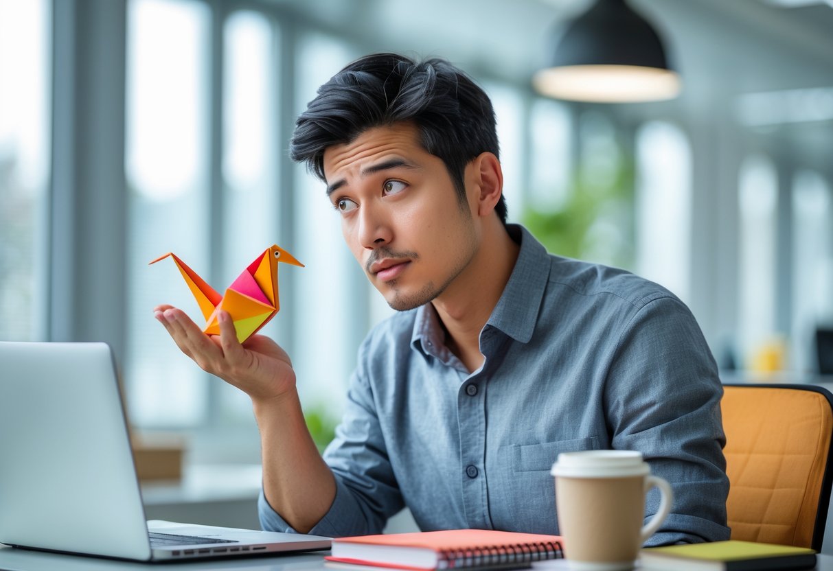 A young man sitting at a desk holding a paper origami bird, looking thoughtful in a bright office.