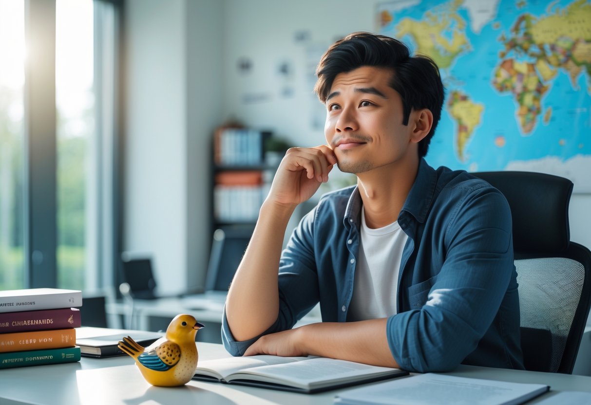 A young adult sitting at a desk in an office, looking thoughtful with a slight smile, surrounded by a world map, books, and a small bird figurine.