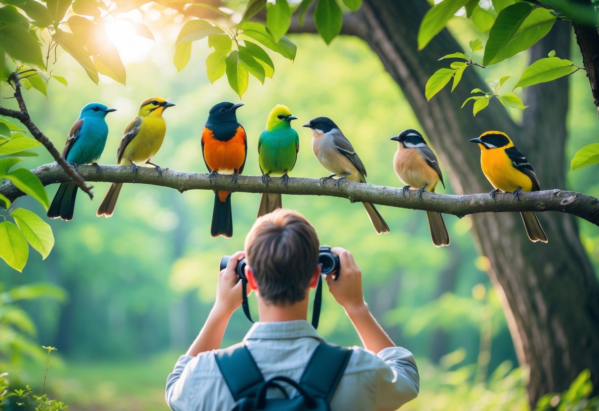 A person observing five different birds perched on tree branches in a sunlit forest while taking notes.