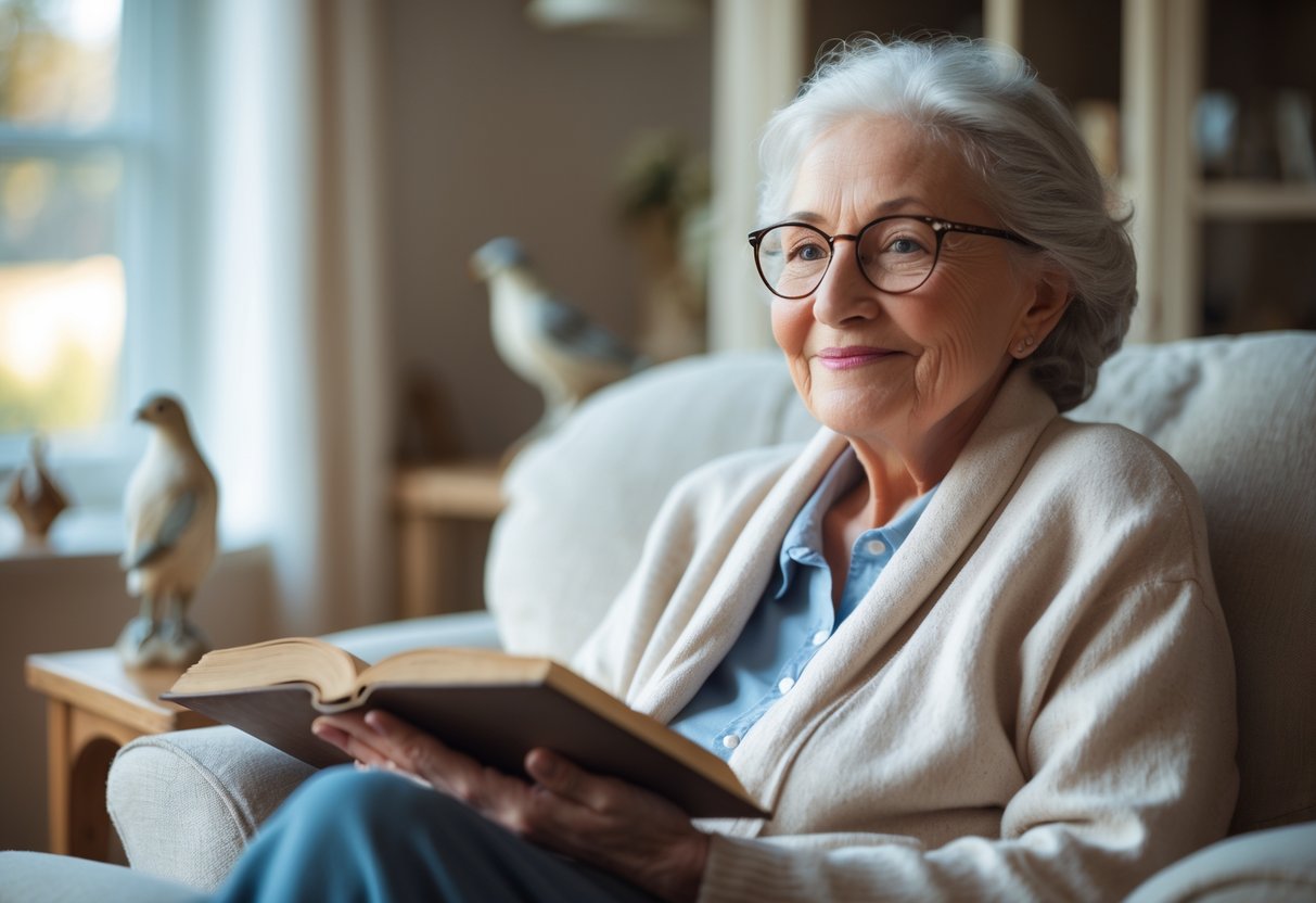 An elderly woman sitting in a cozy living room holding an open book, with a bird figurine on a shelf nearby.