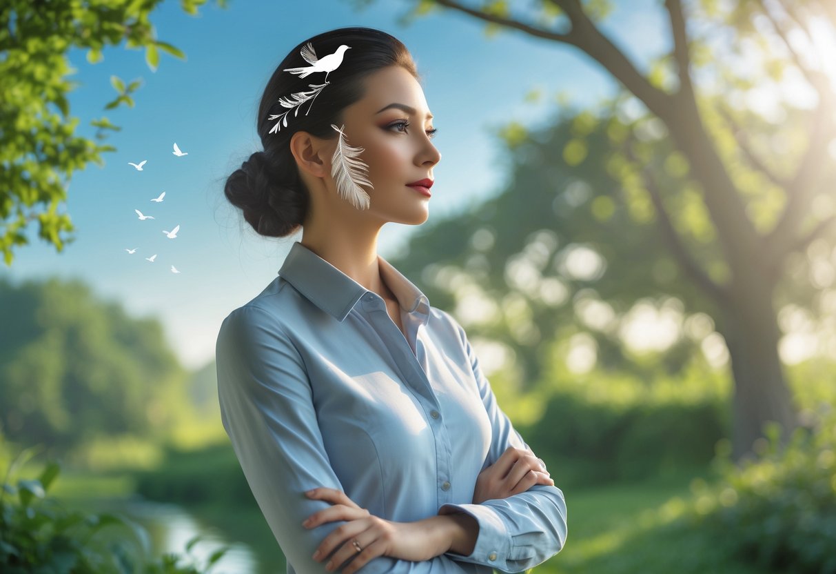 A woman standing outdoors in a natural setting with subtle feather-like patterns in her hair, surrounded by greenery and soft sunlight.