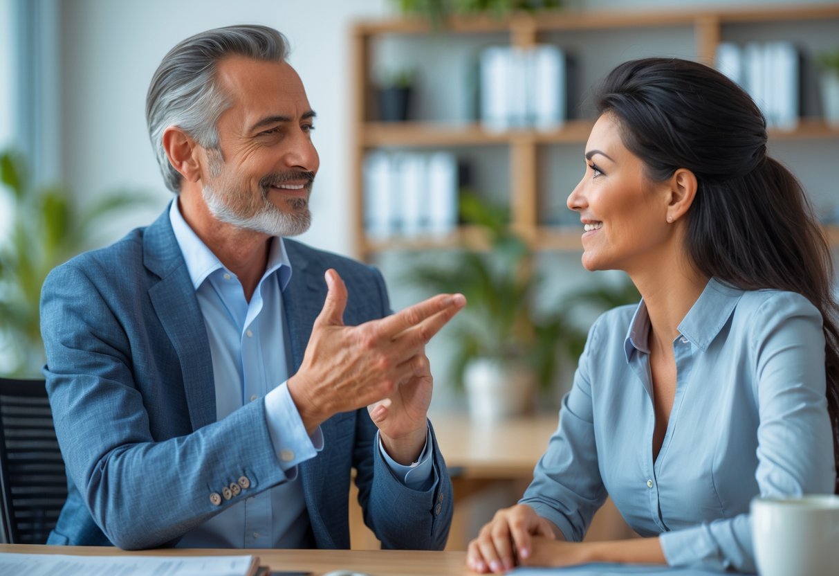 A middle-aged man and woman having a friendly conversation in a modern office.