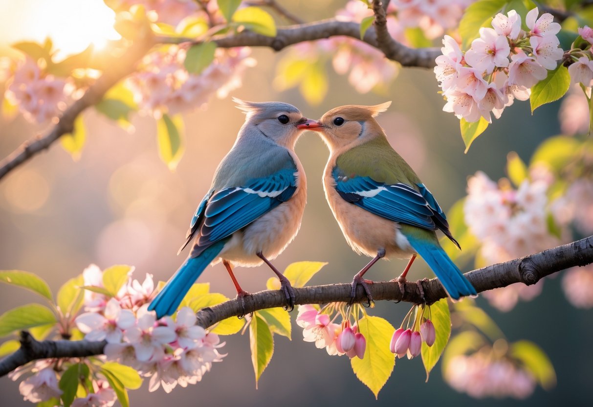 Two colorful birds perched closely together on a blossoming cherry tree branch surrounded by flowers in a sunlit natural setting.