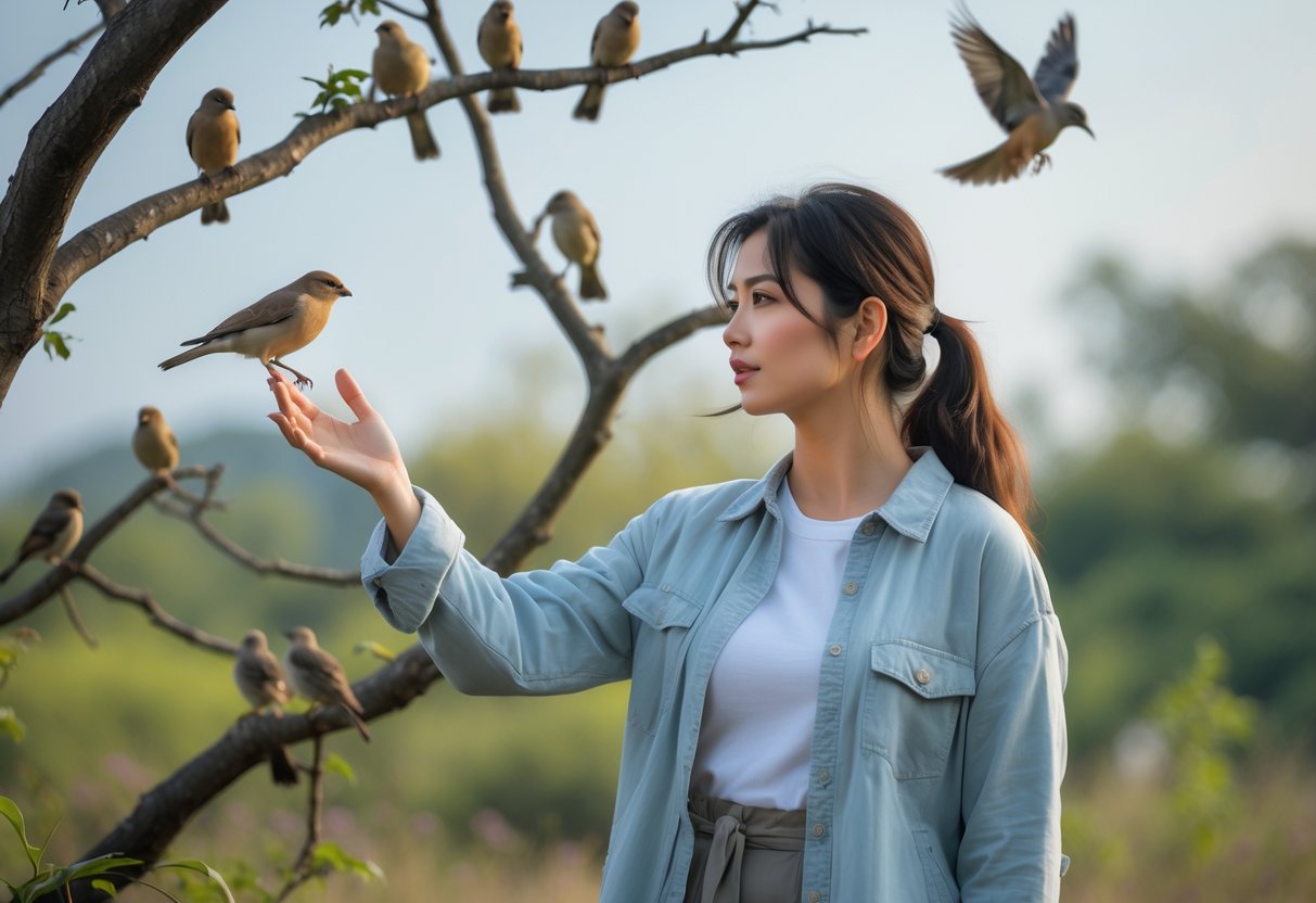 A young woman outdoors reaching out her hand to a bird perched nearby, surrounded by birds in a natural setting.
