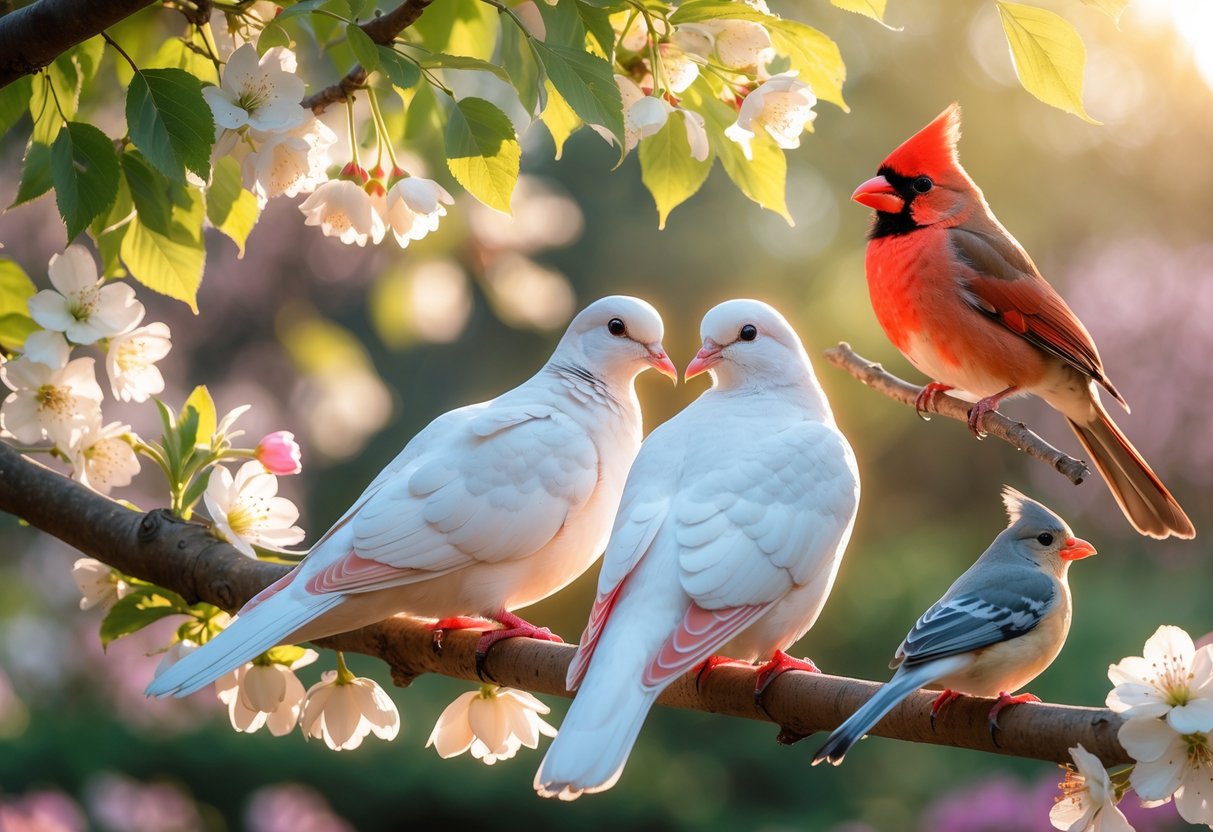 A peaceful garden scene with white doves, a red cardinal, and lovebirds perched among blossoming branches and green leaves.