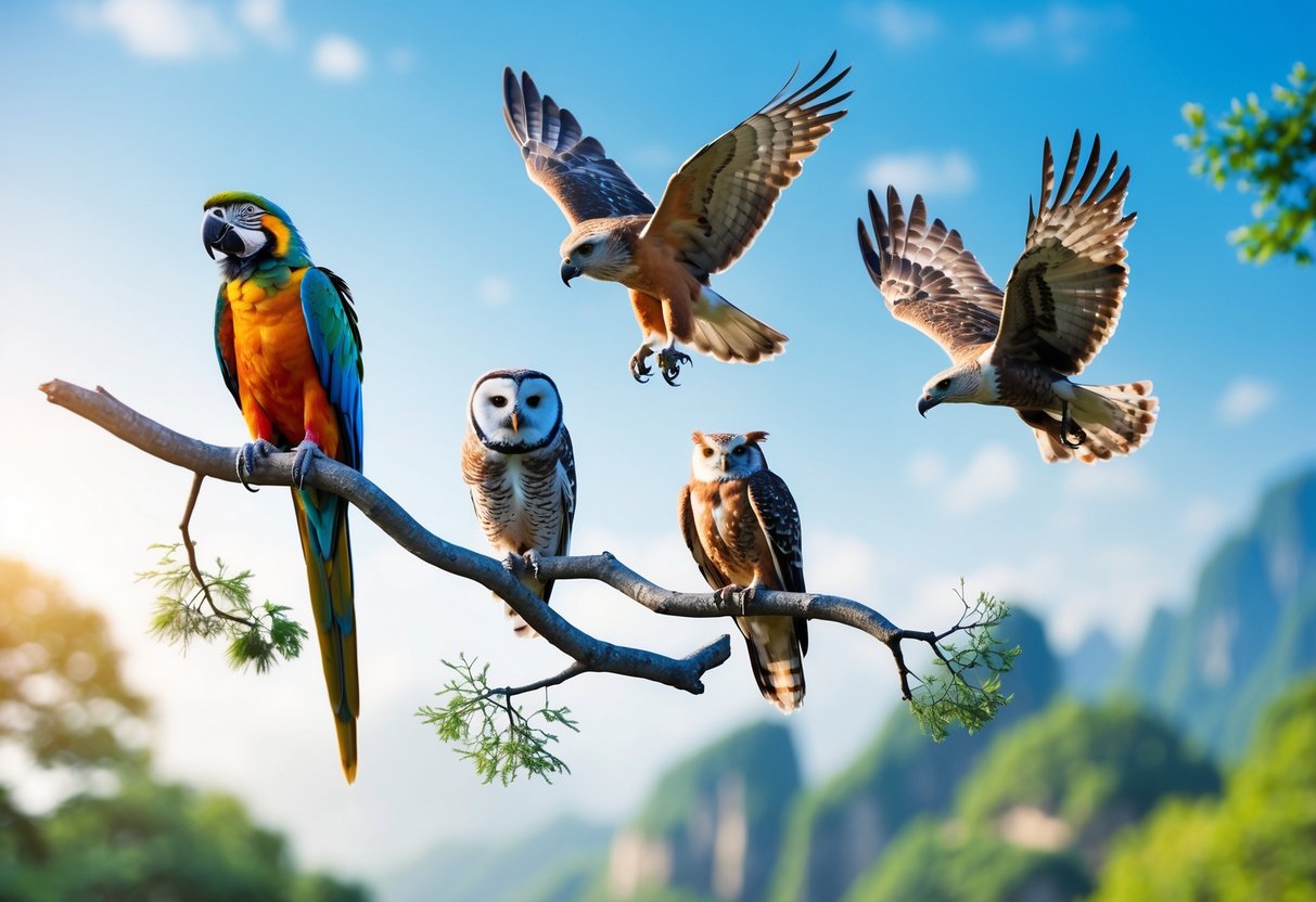 Various birds perched on branches and flying against a clear blue sky with trees in the background.