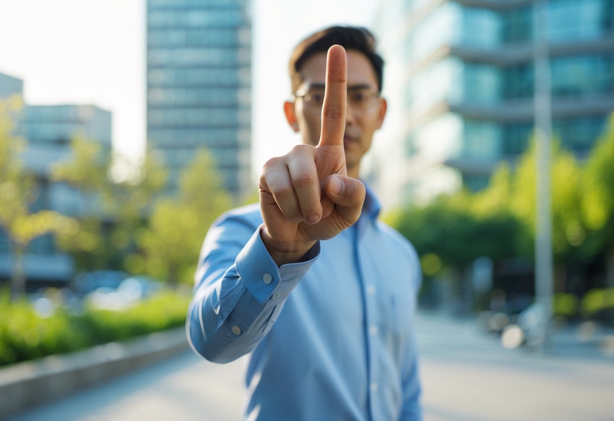 A person outdoors in a city holding up their middle finger in a clear hand gesture.