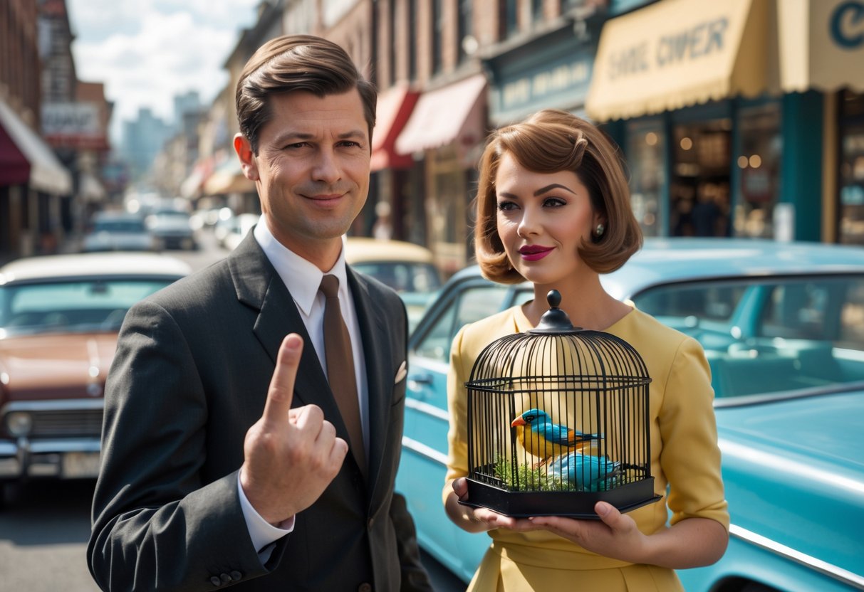 A man subtly making a rude hand gesture behind his back while a woman holds a small birdcage on a city street with vintage cars and storefronts.