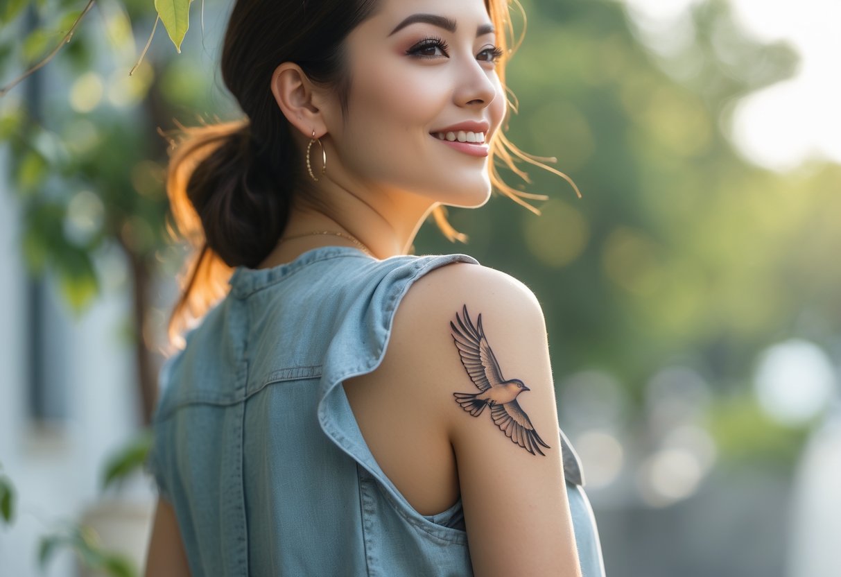Young woman outdoors showing a bird tattoo on her upper arm, smiling gently with a blurred green background.