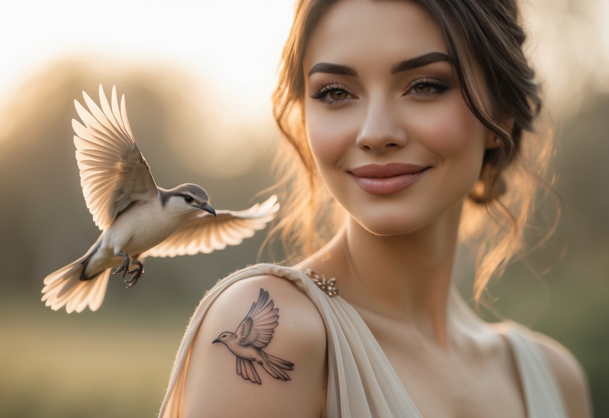 A young woman smiling gently, showing a detailed bird tattoo on her upper arm.