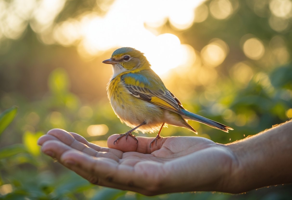 A small bird calmly perched on a person's outstretched hand in a natural outdoor setting.