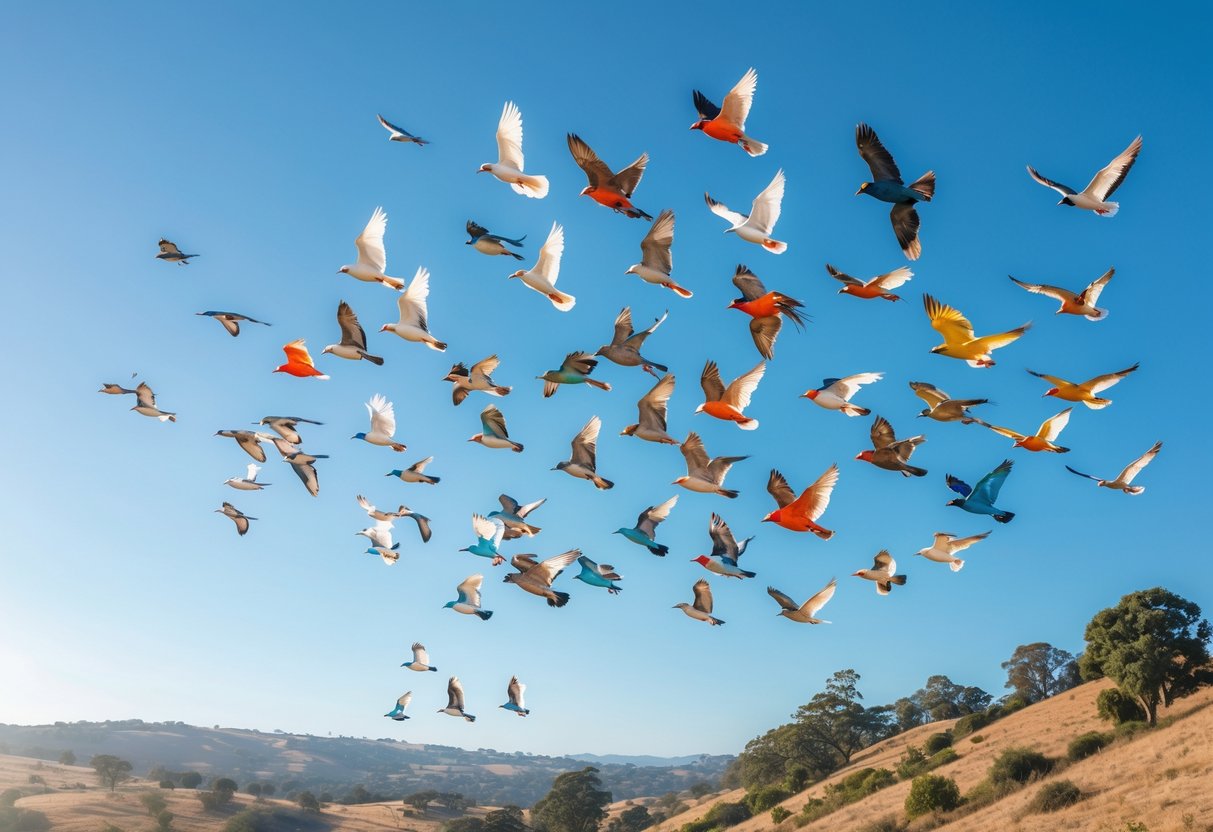 A flock of colorful birds flying together over a peaceful natural landscape with hills and trees under a clear blue sky.