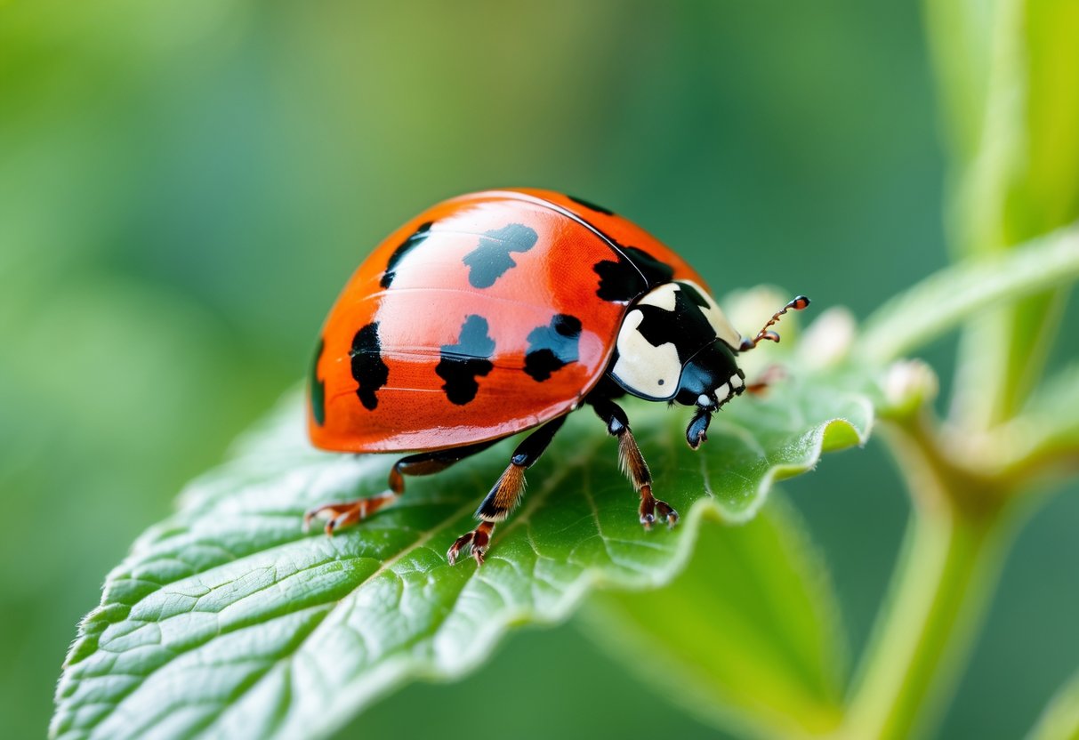 Close-up of a red ladybird with black spots sitting on a green leaf outdoors.