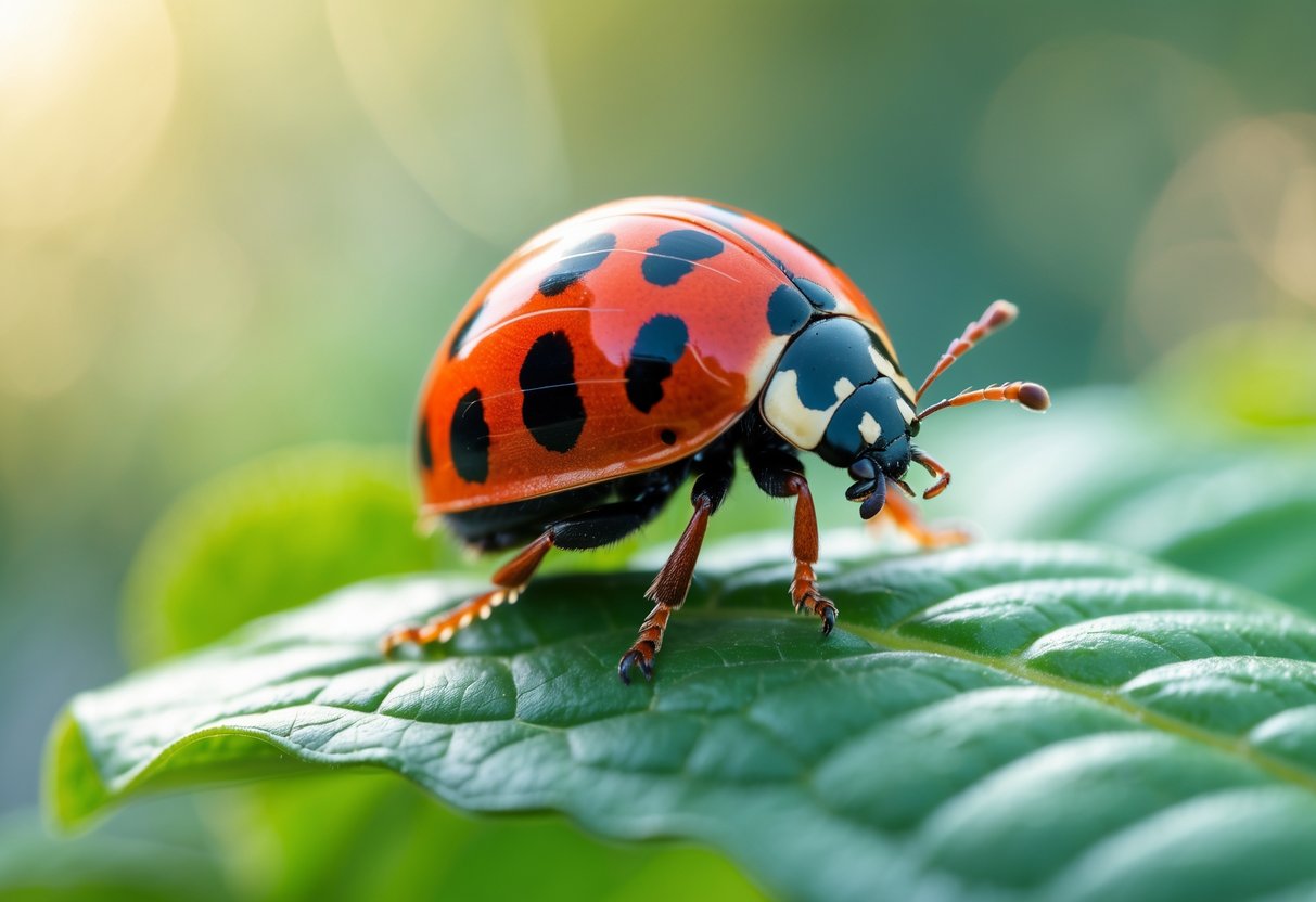 A red ladybird with black spots sitting on a green leaf with blurred greenery in the background.