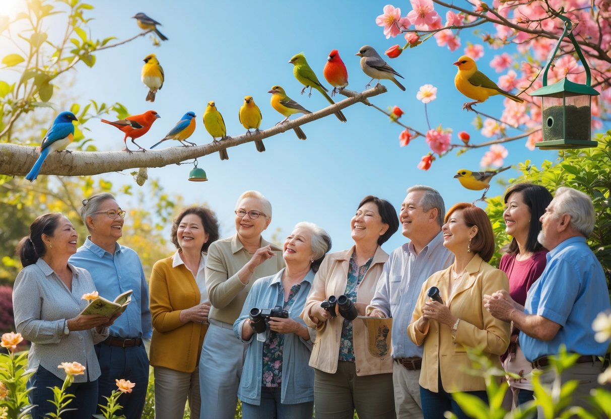 People enjoying watching colorful birds perched on branches and feeders in a sunny garden.