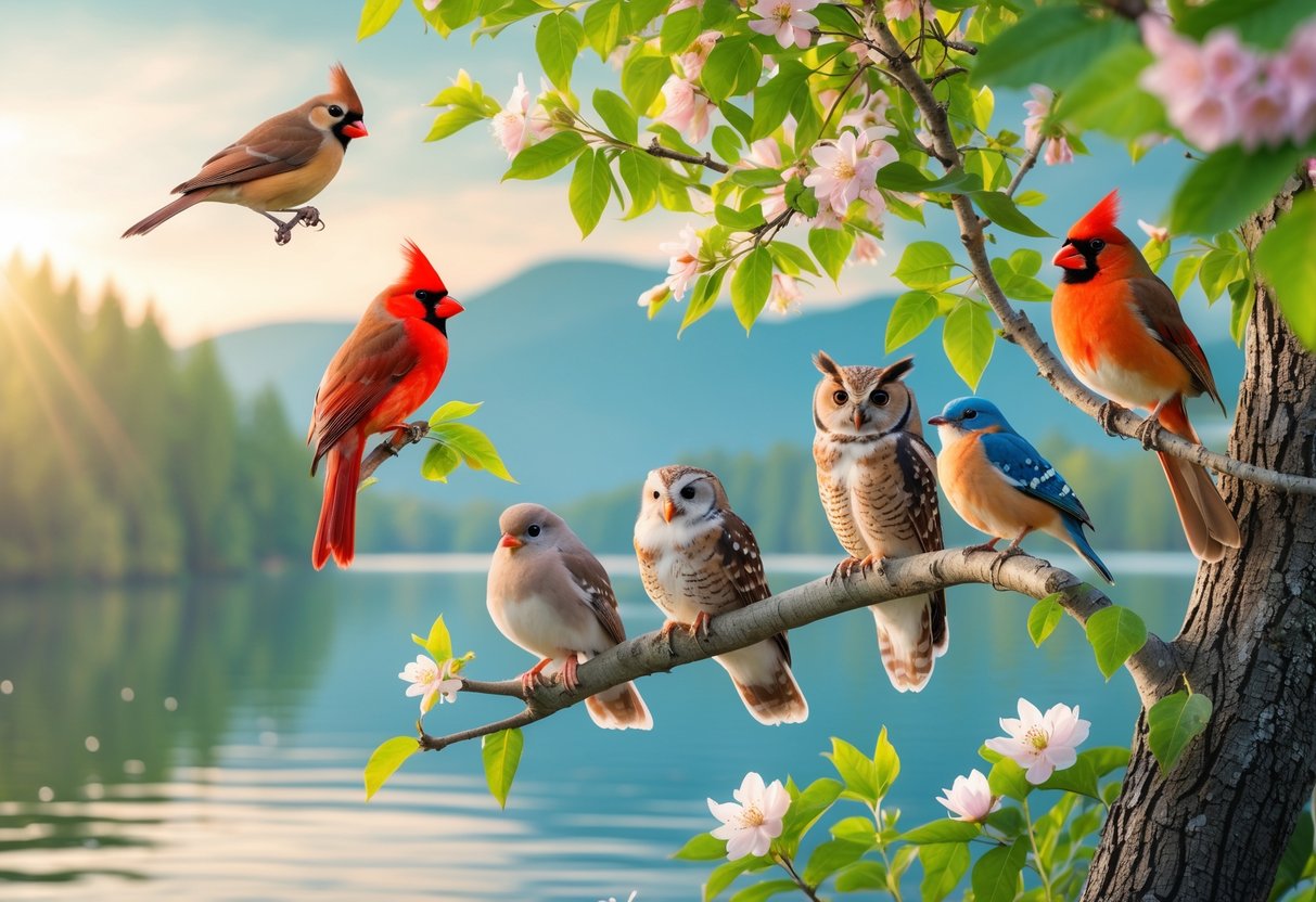 A variety of birds perched on tree branches near a calm lake with mountains in the background.