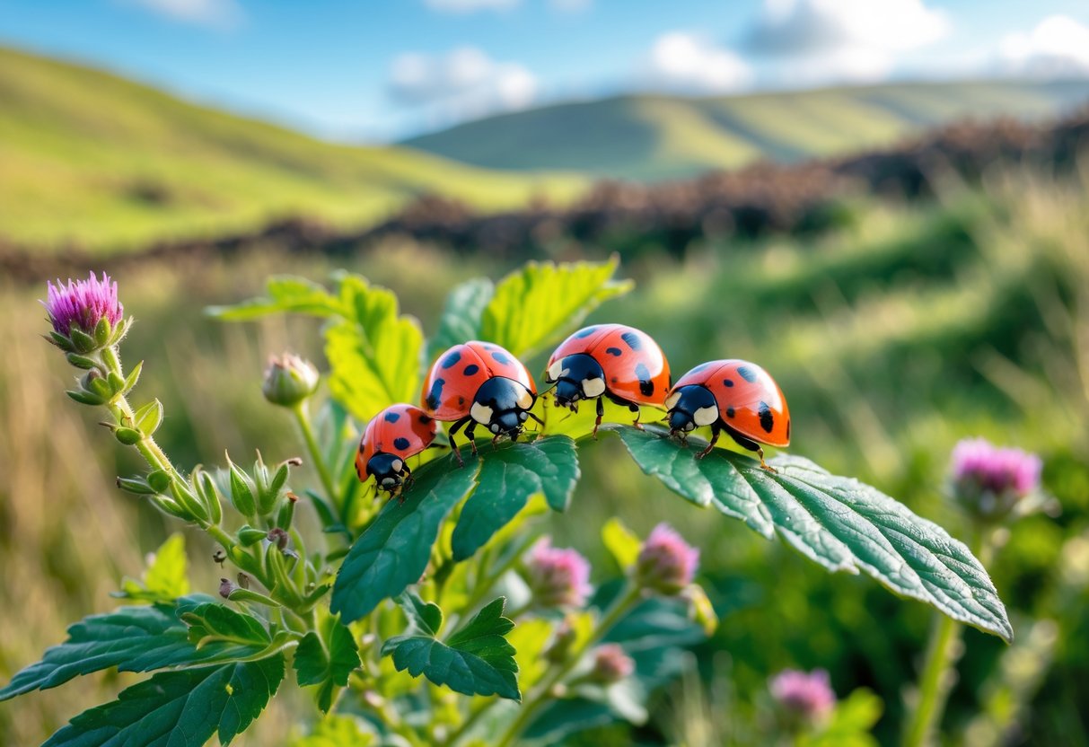 Close-up of several colorful ladybirds on green leaves and wildflowers in a Scottish natural landscape with hills and blue sky.